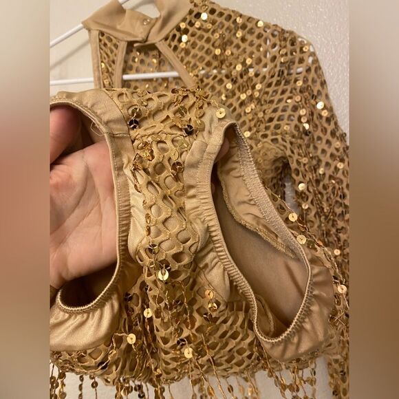 Kelle solo dance jazz acro costume gold fishnet fringe leotare SA-Small adult - Picture 8 of 12